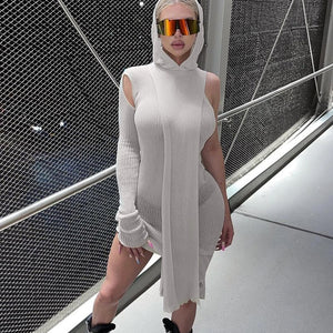 One Sleeve Hooded Knit Asymmetric Midi Dresses