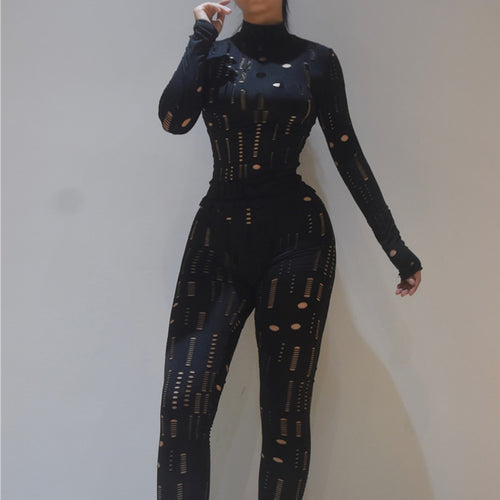 Two Piece Set Hollow Out Long Sleeve Turtleneck Top+Pants