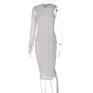 One Sleeve Hooded Knit Asymmetric Midi Dresses