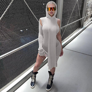 One Sleeve Hooded Knit Asymmetric Midi Dresses