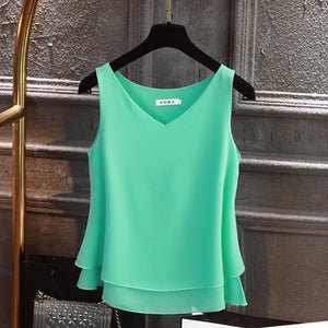 Sleeveless Chiffon Shirt Solid V-neck